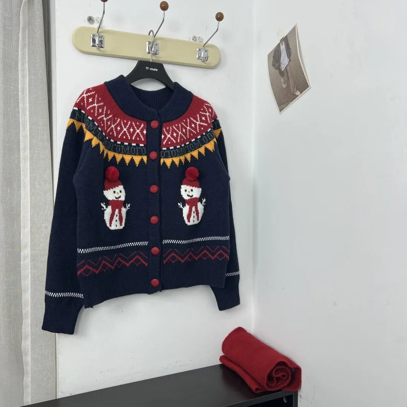 Sweet Hot Girl Retro Knitted Cardigan Women's Winter Snowman Pattern Oneck Loose Sweater Coat Fashion Female Clothes