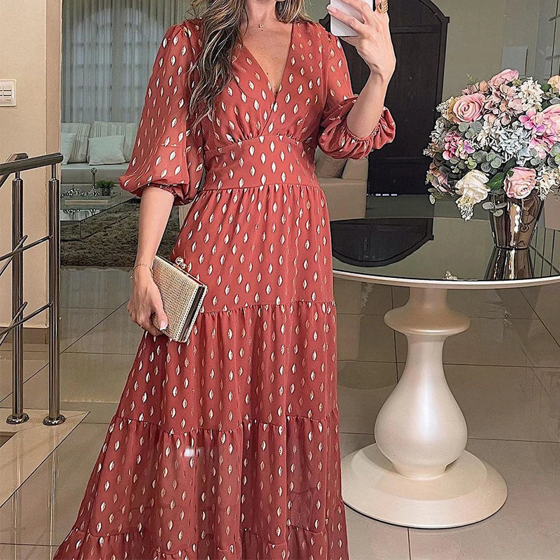 Women Deep V Neck High Street Dress Autumn Holiday Boho High Waist Long Dress Elegant Polka Dot Short Sleeve Pleated Party Dress