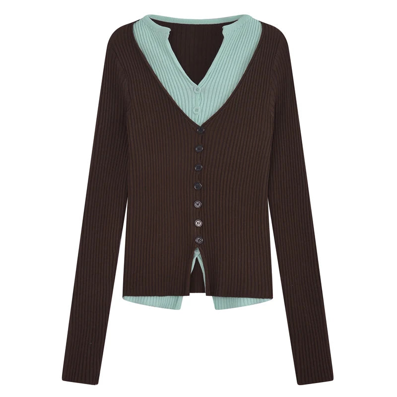 Y2K Brown and Mint Green Fake Two Pieces Knitwear Slim Button Up Cardigan Autumn Winter Ribbed Sweater Women Korean Chic