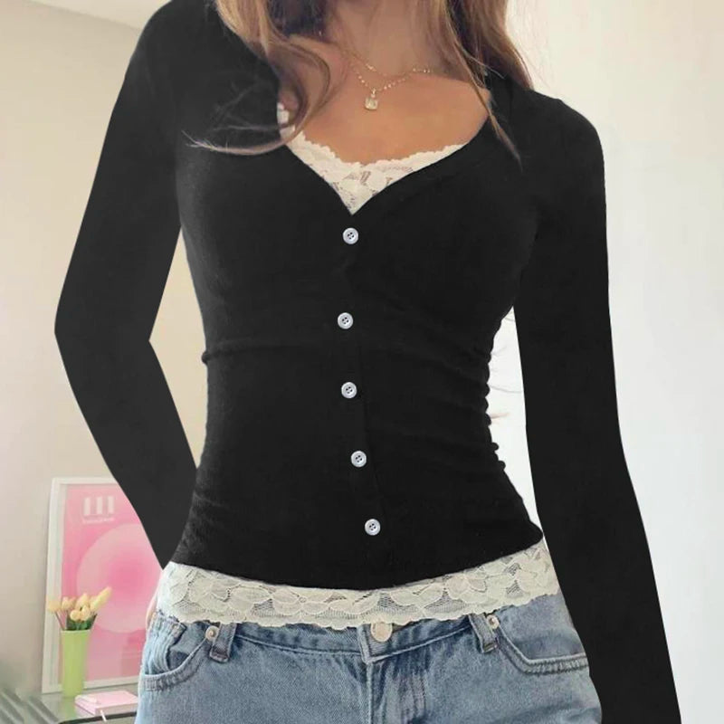 Y2K Contrast Lace Slim Top Autumn Cute Long Sleeve Buttons T-shirt Knitted Casual Outfits Sweet Korean Tee Streetwear