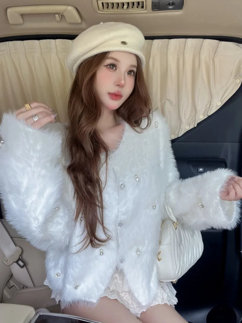 Sweet Hot Girl Mink Fur Knitted Cardigan Women's Autumn and Winter Loose Oneck Longsleeved Short Top Fashion Female Clothes