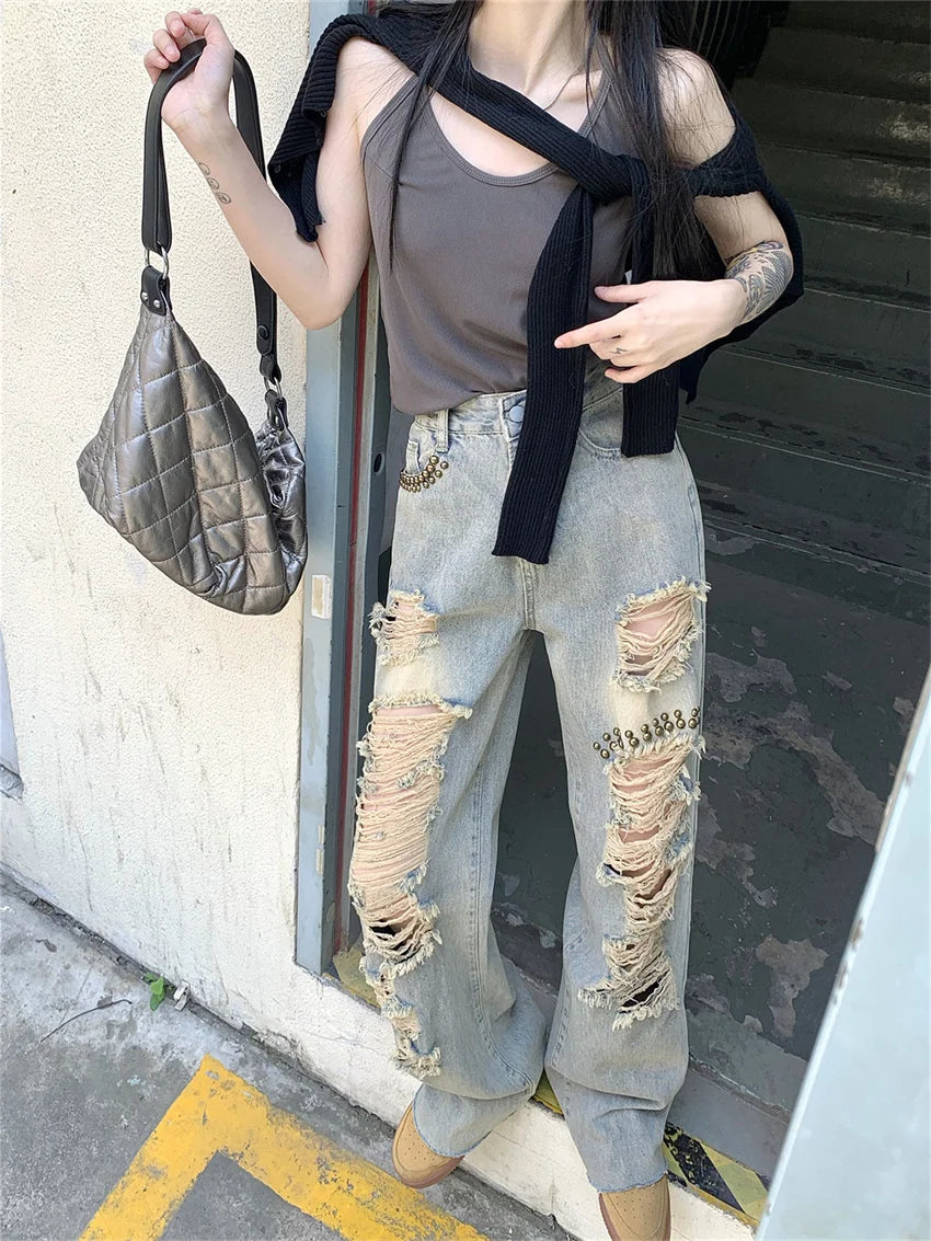 Autumn Hole Streetwear Jeans Women High Waist Straight Loose Wide Leg Chic Slim Vintage Office Wear Daily Pants