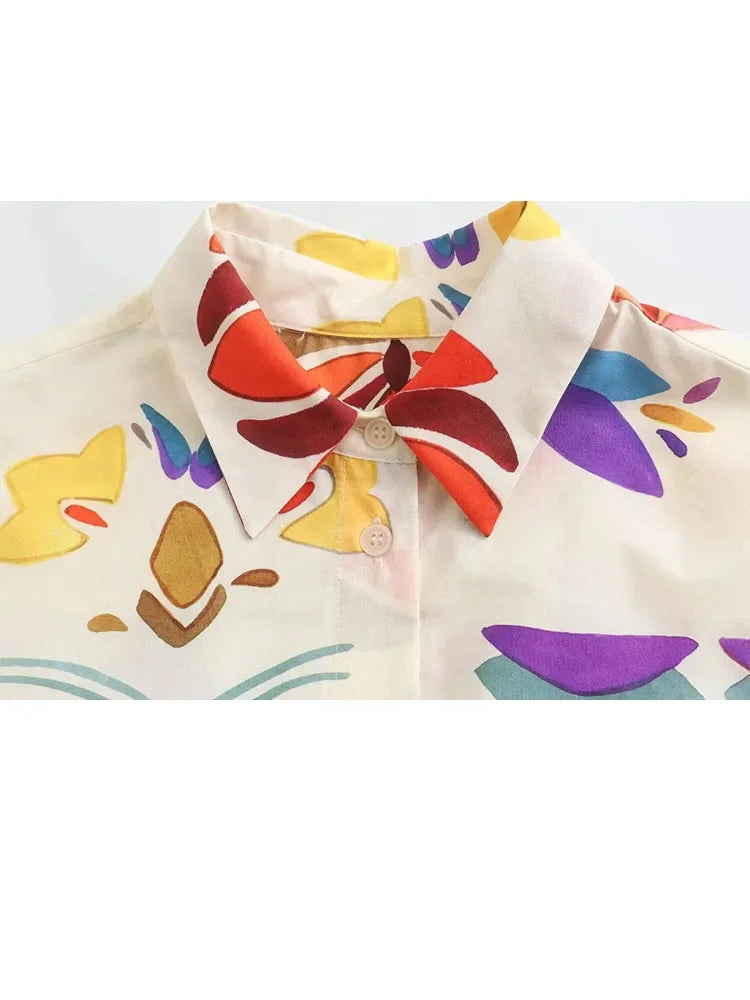 Women Spring Fashion Suit Vintage Printed Lapel Long Sleeves Single Breasted Shirts Female Elastic Waist Wide Leg Pants