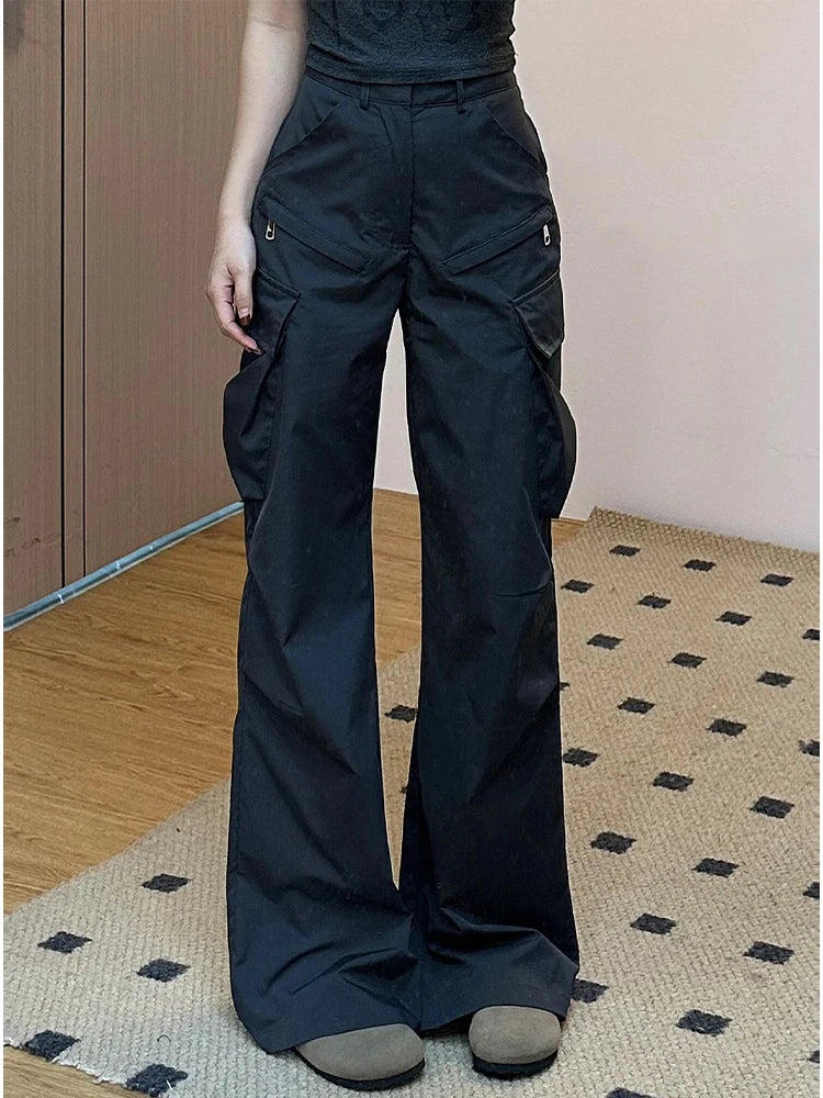 Women's Black Cargo Flare Pants Harajuku Streetwear Baggy Pants Y2k 2000s 90s Aesthetic Emo Pants Vintage Trousers Clothes 2024