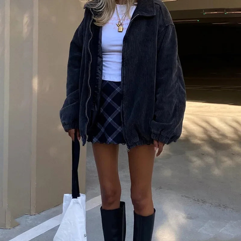 Autumn and Winter New Fashion Street Style Women's New Longsleeved Lapel Zipper Cardigan Loose and Thin Ladies Warm Jacket