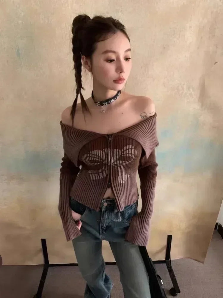 Bow Print Offshoulder Knitwear Gradient Cardigan Sweater Zipper Maillard Style Fairy Grunge Long Sleeve Top Y2k Clothes