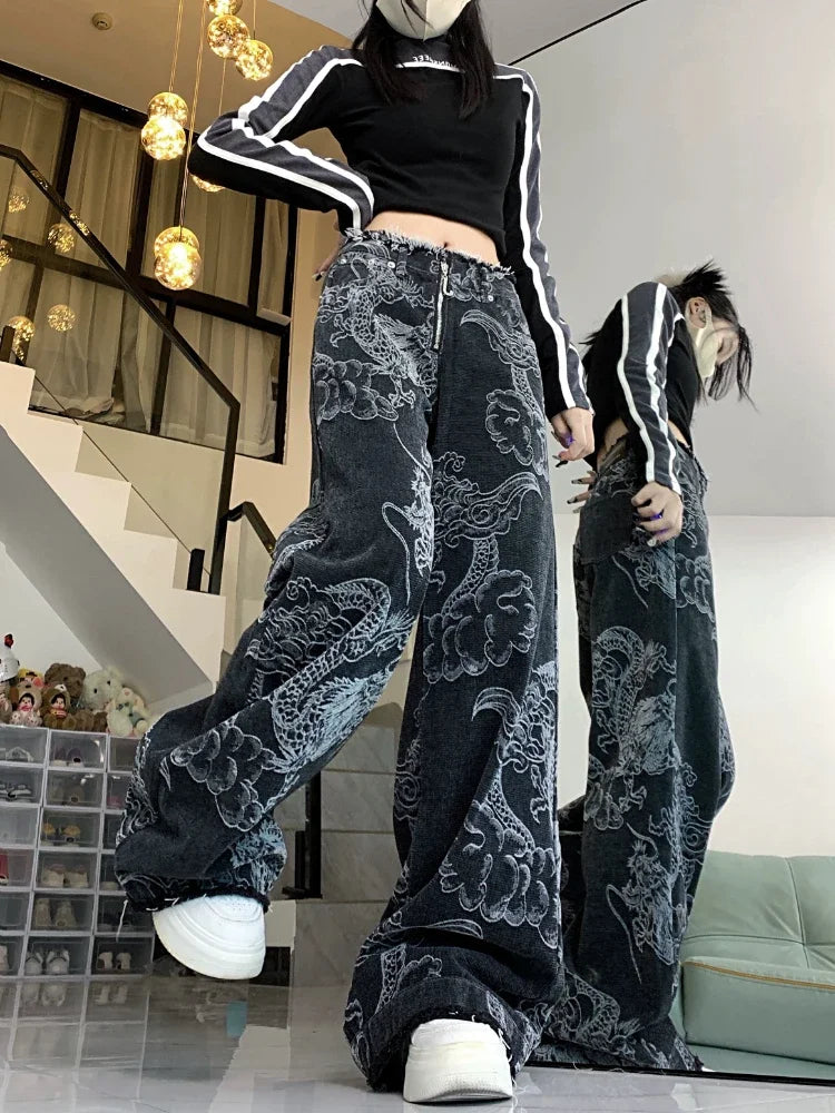 Chinese Style Jeans Women Y2k Vintage Baggy Dragon Print High Waist Zip Wide Leg Denim Pants Hip Hop Causal Kpop Bottoms
