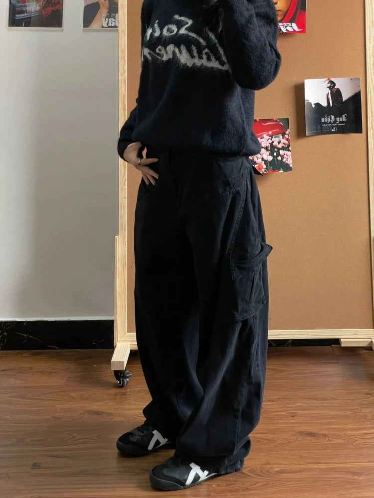 Boyfriend Jeans for Women Streetwear Baggy Vintage Balck Wide Leg Denim Trousers Harajuku Causal Straight Cowgirl Pants