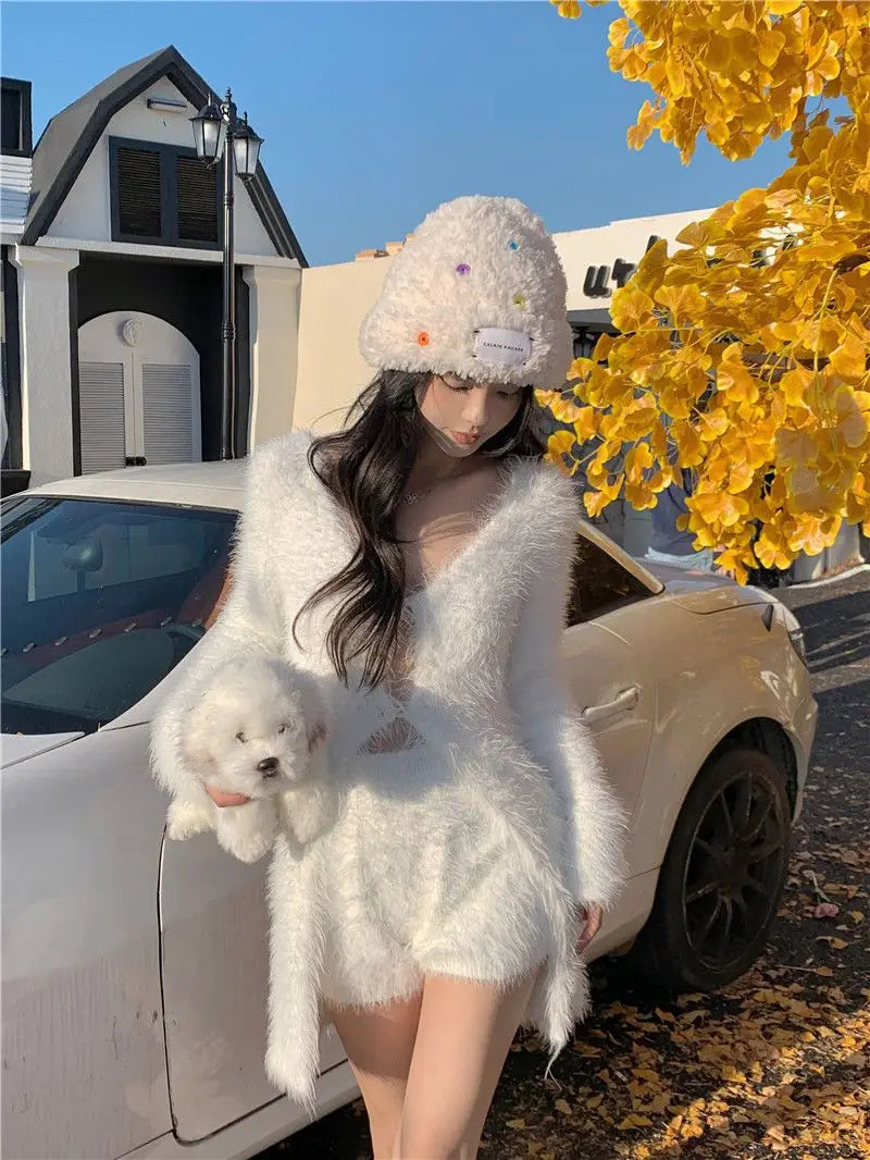 Sweet hot girl pure sexy suit women's autumn knitted cardigan high waisted slim fit shorts twopiece set fashion female clothes