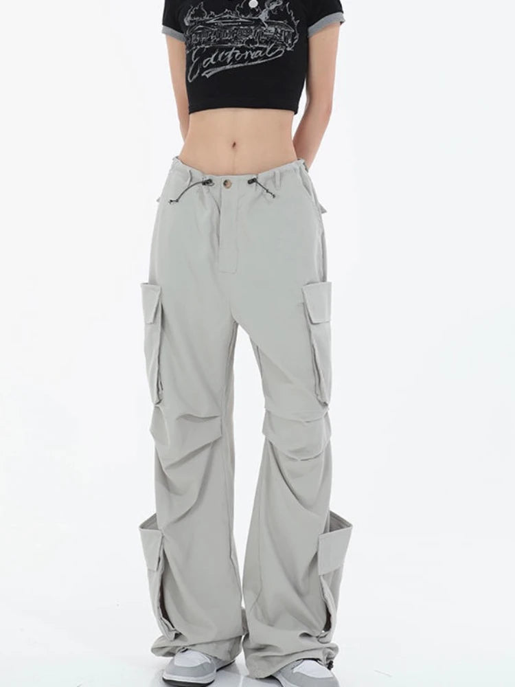 Women Y2k Cargo Pants Multiple Pocket Patchwork Drawstring Ruched Casual Summer Loose Jogger Wide Leg Pants High Street