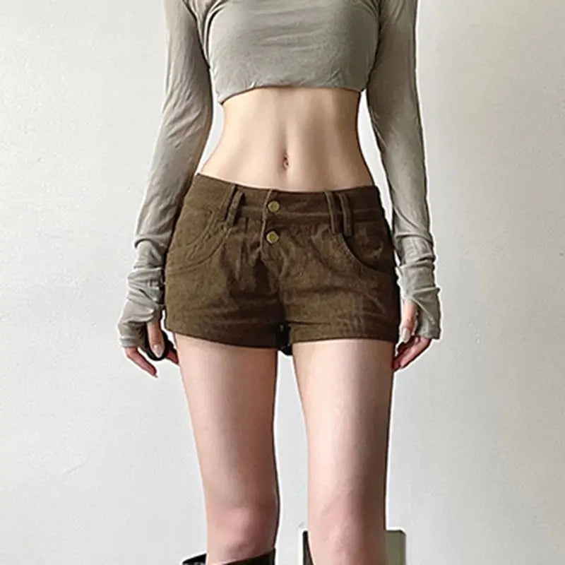 Autumn/Winter Retro Furry Leopard Pattern Spliced Corduroy Shorts for Women Low Waist Slim Sexy Spicy Girl Pocket Hot Pants