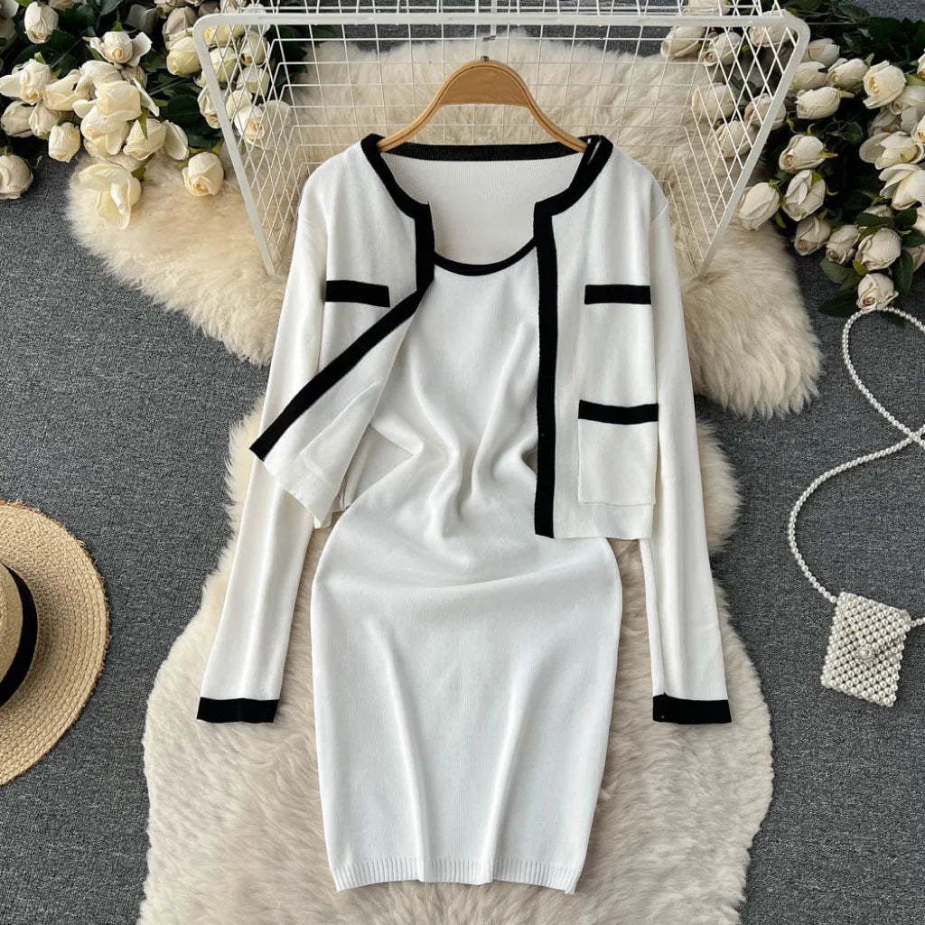 Autumn/Winter Elegant Elegant Small Fragrant Wind Contrast Knitted Cardigan+Suspended Tank Top Knitted Dress ins