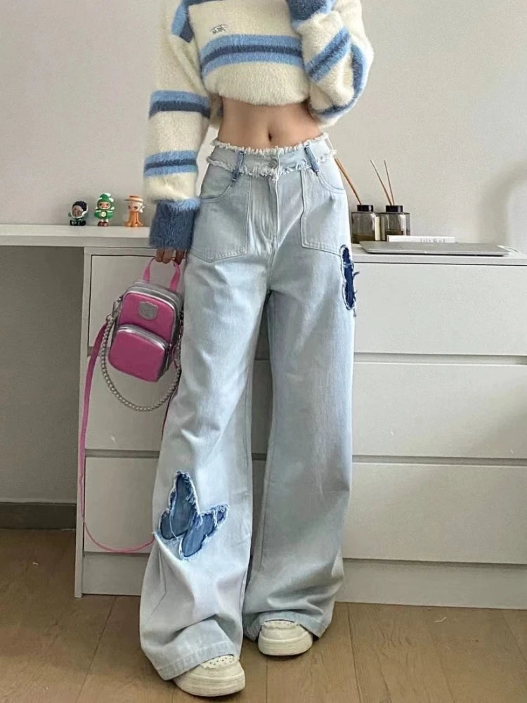 Blue Jeans Plus Size Women Y2k Fashion Loose Butterfly Patchwork Causal High Waist Denim Pants Streetwear Retro Bottoms