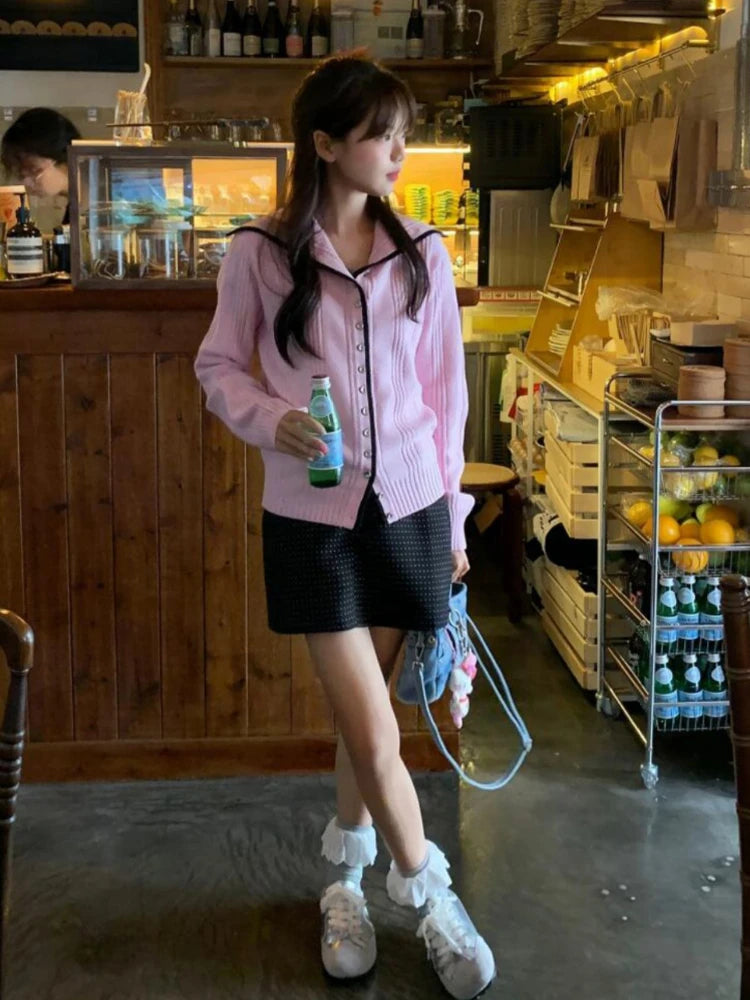Y2k Pink Knitted Cardigan Sailor Collar Long Sleeve Sweater Women Korean Fashion Preppy Style Autumn Winter Cute Clothes