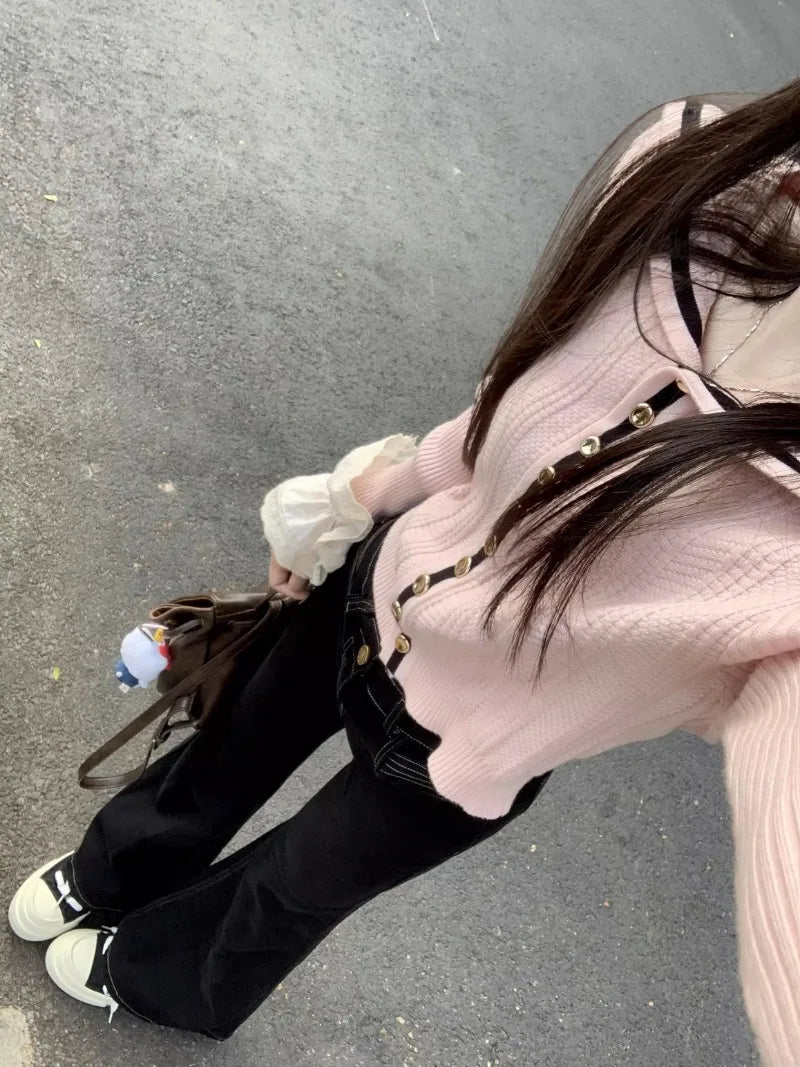 Sweet Hot Girl Pink Off Shoulder Longsleeved Sweater Women's Autumn Sailor Collar Knitted Cardigan Top Fashion Female Clothes