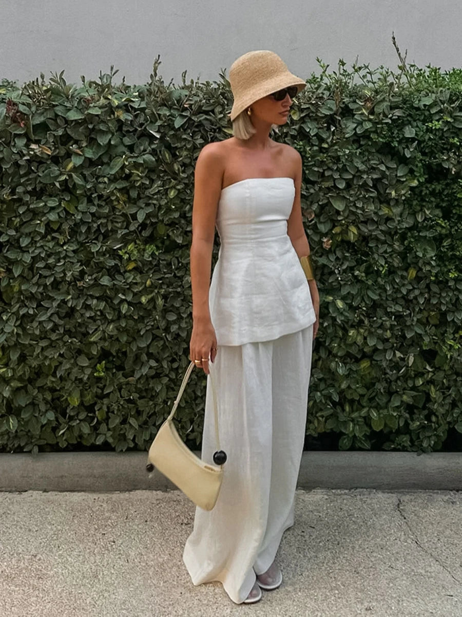 White Simple Wide Leg Pants Sets Women Summer New Off Shoulder Sleeveless Tube Tops Streetwear Fashion Casual Pants 2 Piece Set