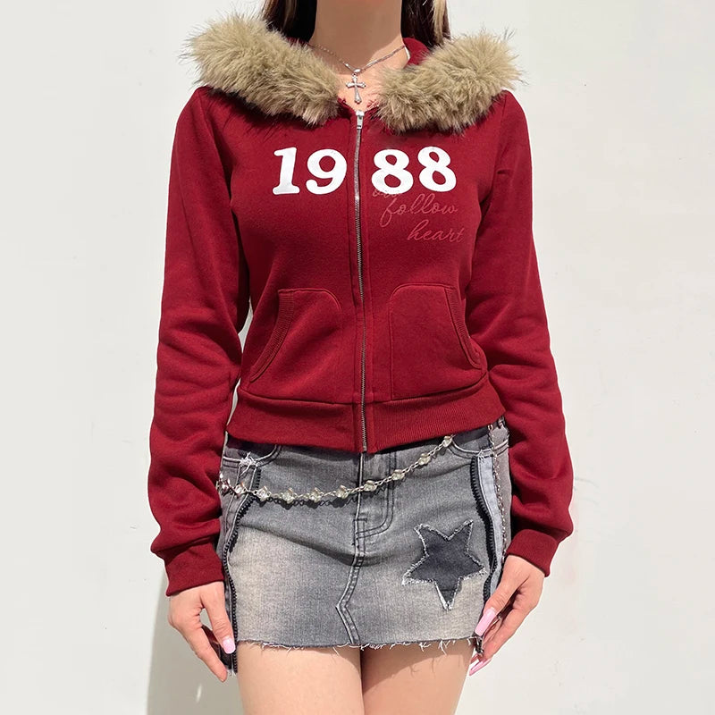 Y2K Fur Trim Hooded Sweatshirt Red Letter Print Zipper Coat with Pocket Women Streetwear Winter 90s Outwear Vintage