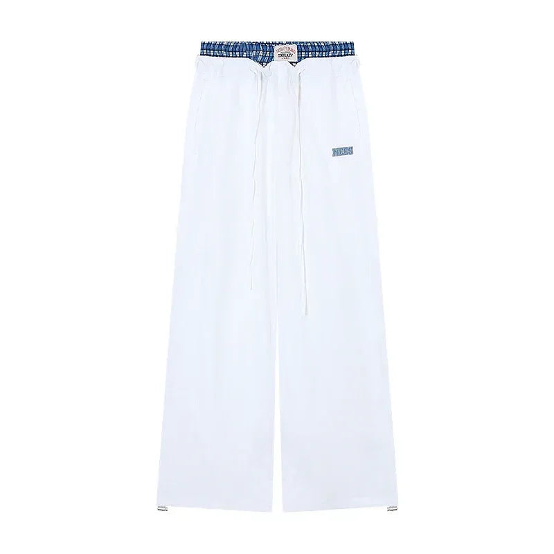 American Contrast Color Patchwork Loose Wide Leg Pants Women Autumn New High Waist Laceup Letters Embroidered Casual Pants