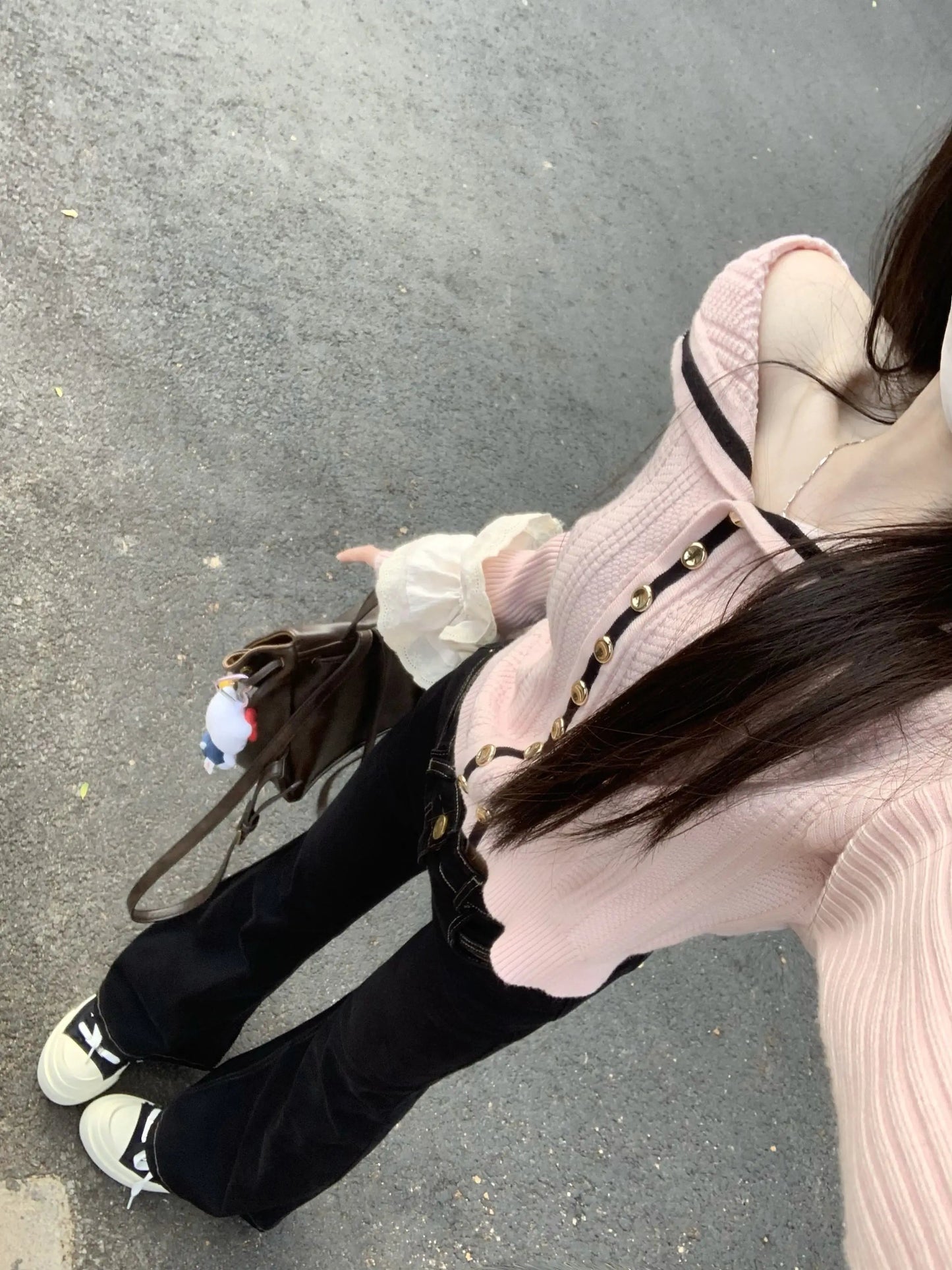 Sweet Hot Girl Pink Off Shoulder Longsleeved Sweater Women's Autumn Sailor Collar Knitted Cardigan Top Fashion Female Clothes