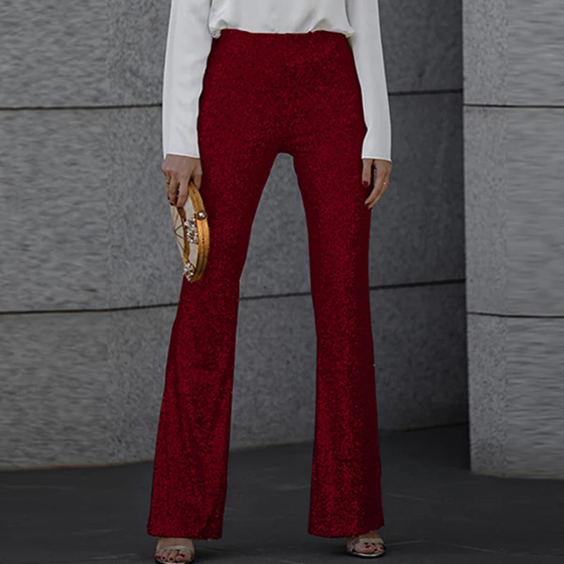 2024 Spring Glitter Sequin Shiny Party Pants Women Elegant High Wiast Slim Flare Trousers New Autumn Fashion Solid Straight Pant
