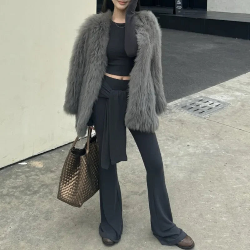 Autumn New Streetwear Laceup Solid Color Casual Wide Leg Pants Women + Sexy Slim Longsleeved Tshirt Twopiece Suit