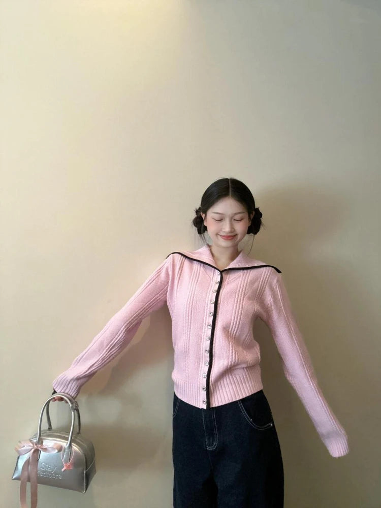 Y2k Pink Knitted Cardigan Sailor Collar Long Sleeve Sweater Women Korean Fashion Preppy Style Autumn Winter Cute Clothes