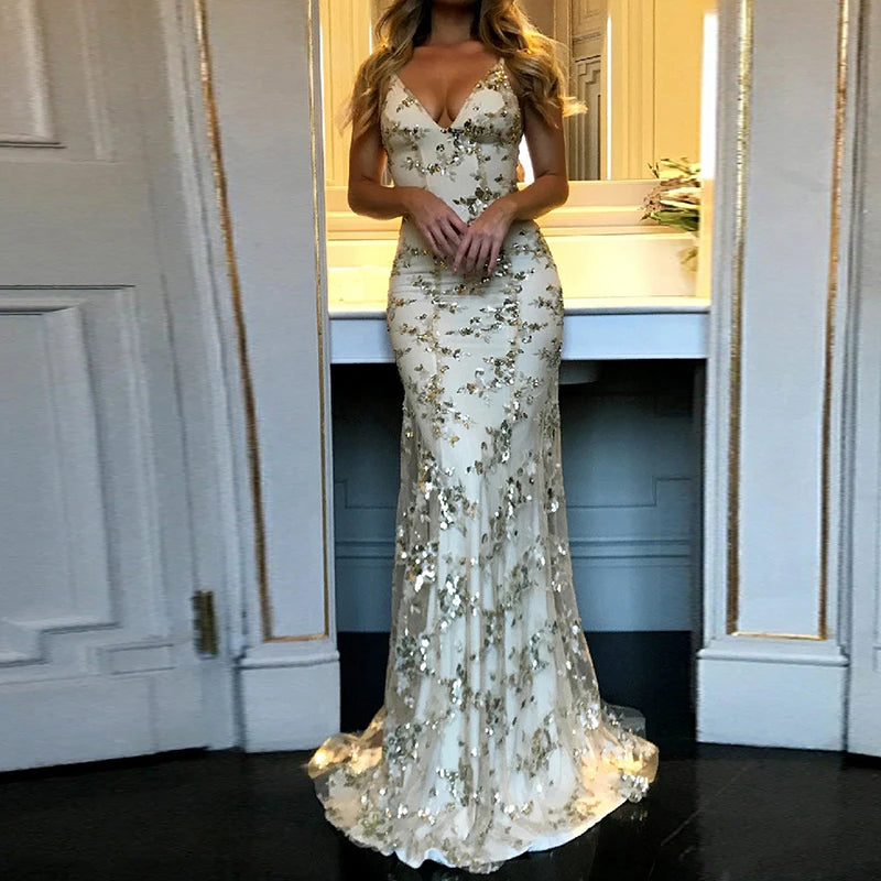 Women Vneck Glitter Sequin Shiny Club Party Dress Spring Crisscross Tie Up Long Mermaid Dress Summer Hollow Sling Maxi Dresses