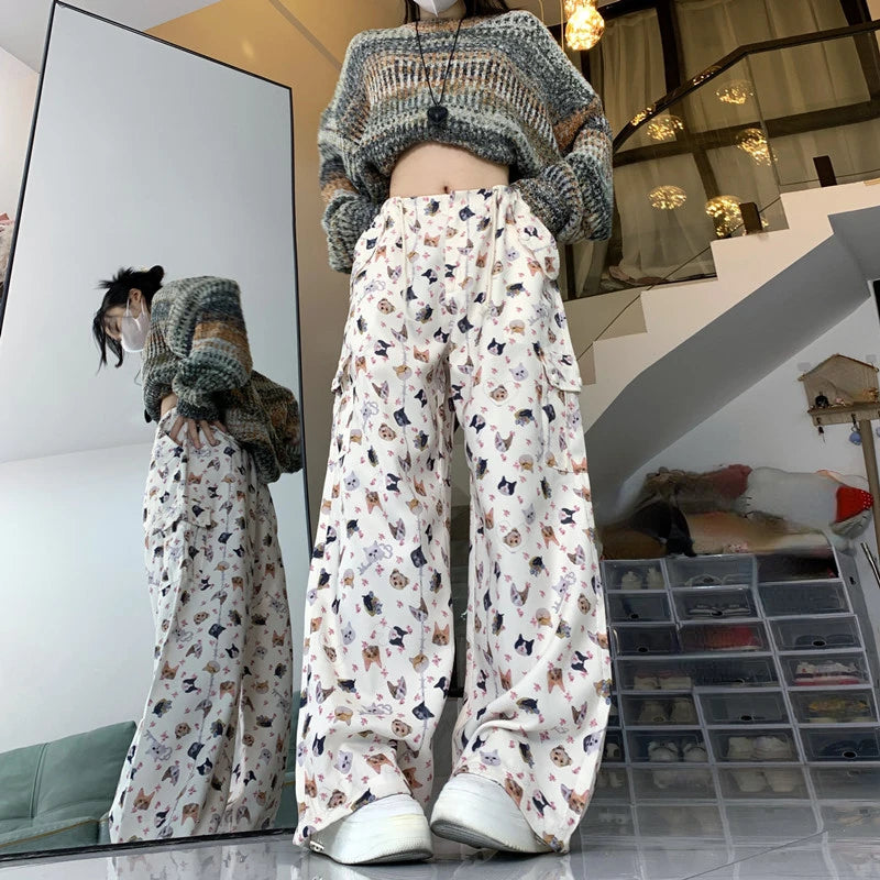 Women's Retro Graffiti Design Sense Work Suit Pants 90S Hot Girl Y2K Straight Tube Sports Street Dance Wide Leg Casual Pants
