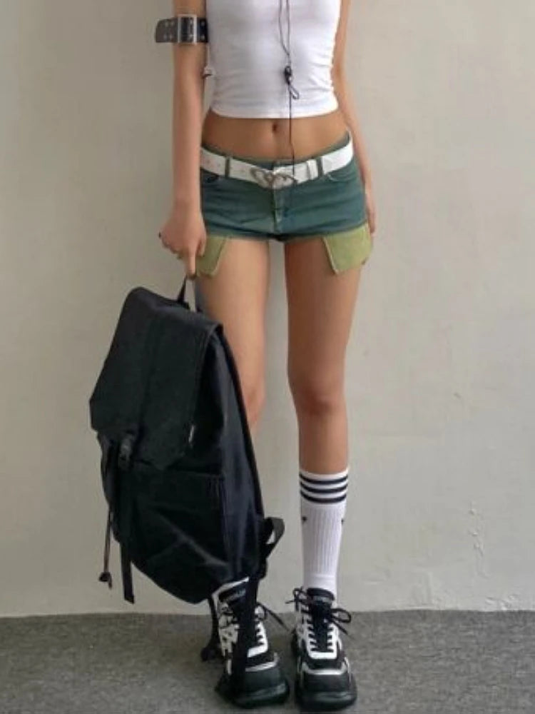Woman Tiedyed Jean Low Waist shorts Tight Bodycon Denim Button Shorts Patchwork Hot Pockets Pants Streetwear Sexy Gyaru