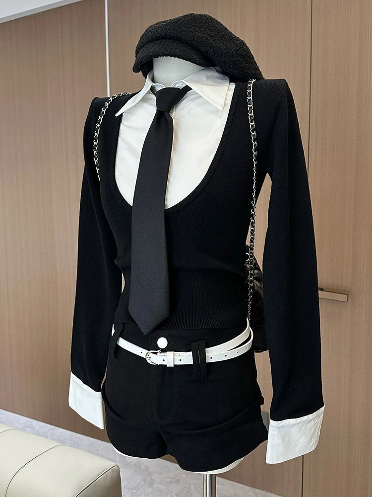 Women Harajuku Gyaru Preppy Outfits 2 Piece Set Long Sleeve Fake Two Pieces Shirts + Y2k 2000s Aesthetic Shorts Hot Pants Belt