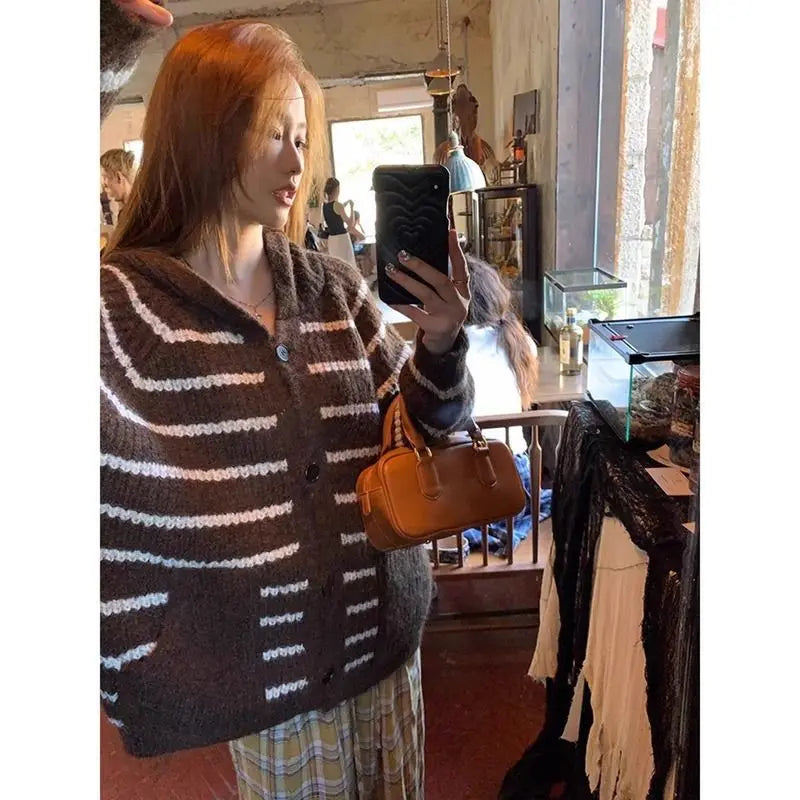 American Striped Hooded Sweater for Women Autumn and Winter New Lazy Style Thick Loose Casual Knitted Cardigans Women Clothing