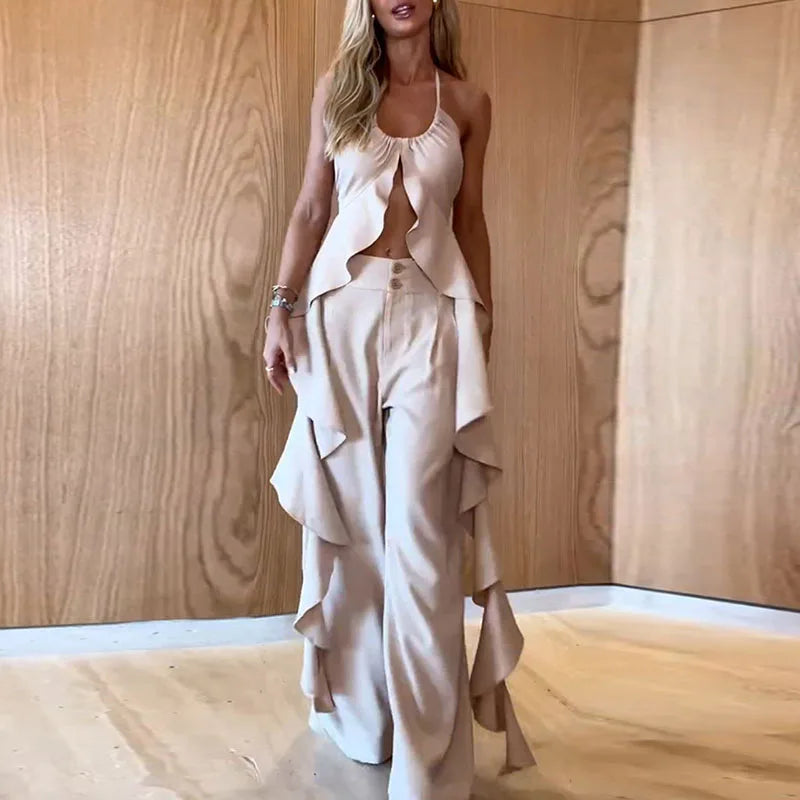 Women's Fashion High Street Outfits New Hollow Design Backless Slim Suits Sexy Halter Ruffled Top with Long Pants 2 Piece Sets