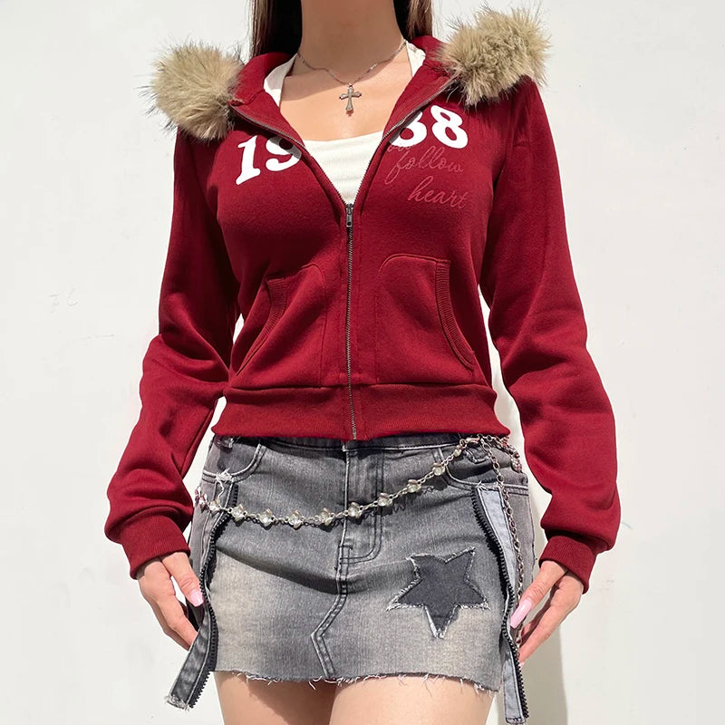 Y2K Fur Trim Hooded Sweatshirt Red Letter Print Zipper Coat with Pocket Women Streetwear Winter 90s Outwear Vintage