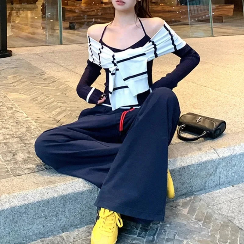 Autumn New American Laceup Loose Casual Wide Leg Pants Women + Patchwork Halter Sweater + Knitted Shawl Threepiece Suit