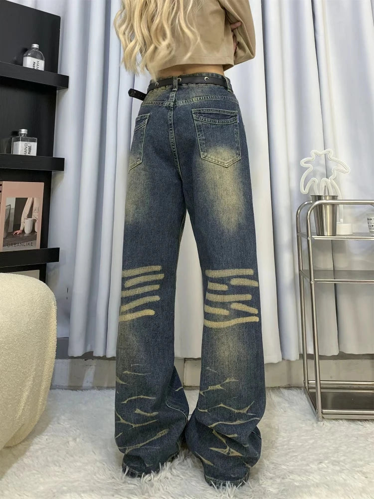 Y2k Oversized Vintage Jeans Woman Hip Hop Blue Vintage Fashion Kpop Wide Leg High Waist Denim Pants Causal Bottoms Mujer