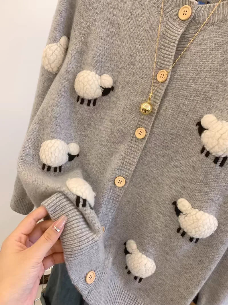 Sweet Hot Girl Threedimensional Lamb Knitted Cardigan Women's Autumnwinter Thickened Oneck Longsleeved Loose Sweater