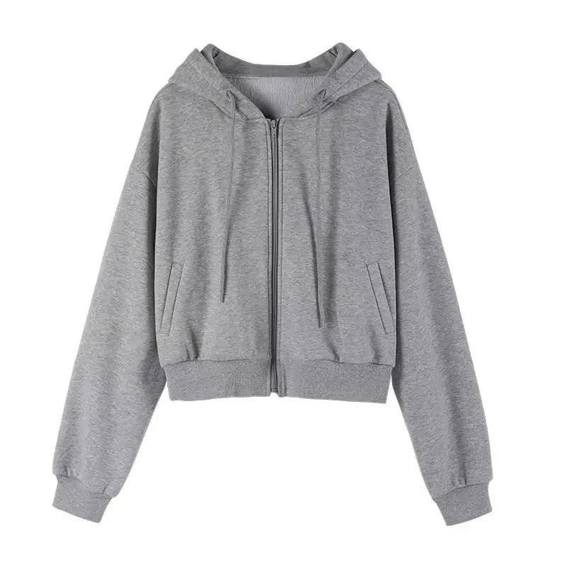 autumn spring women's Zip up hoodies pockets slim crop top women jacket female clothes drawstring white sexy hoody cotton coats