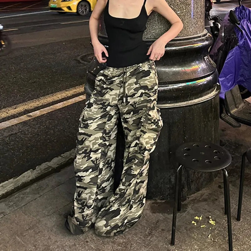 American Retro Punk Camouflage Pocket Cargo Pants Y2K High Street Hip Hop Loose Fashion Street Casual Straight Wide Leg Pants