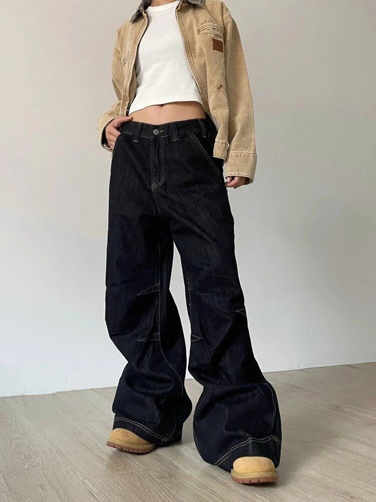 Y2k Denim Low Waist Jeans Women Harajuku Wide Leg Baggy Pants High Street Oversize American Retro Cargo Trousers Grunge