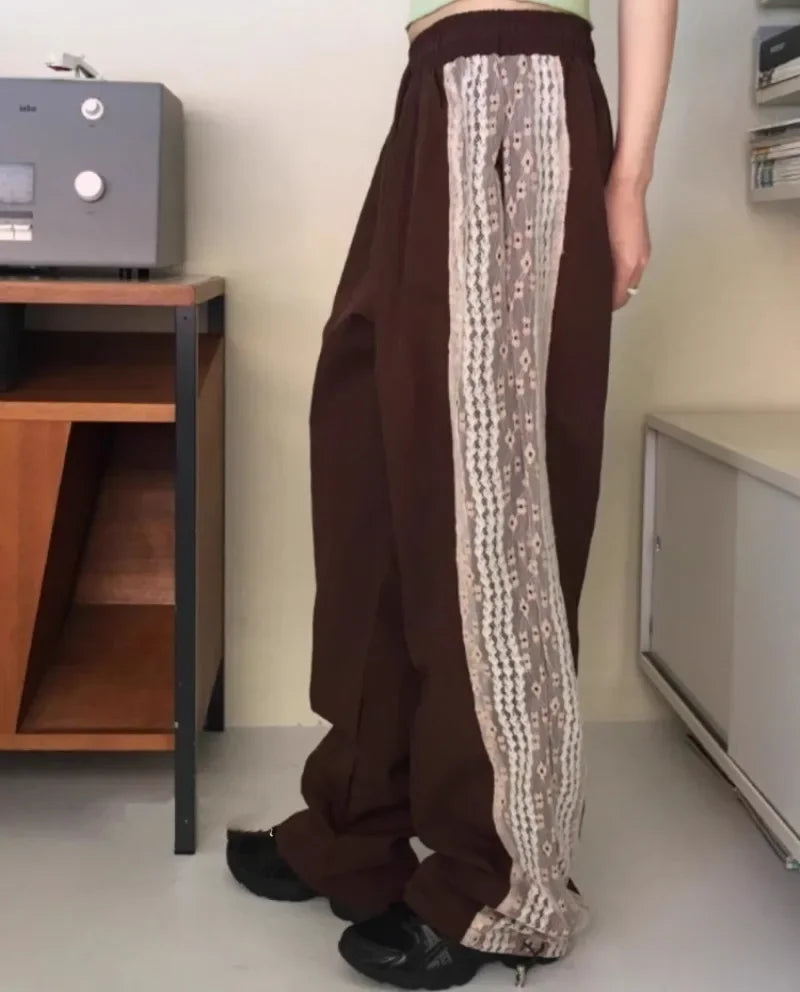 2024 Summer New Loose Y2k EGirl High Waist Straight Trousers Fashion Vintage Lace Patchwork Nylon Wide Leg Pants 2000s Vintage
