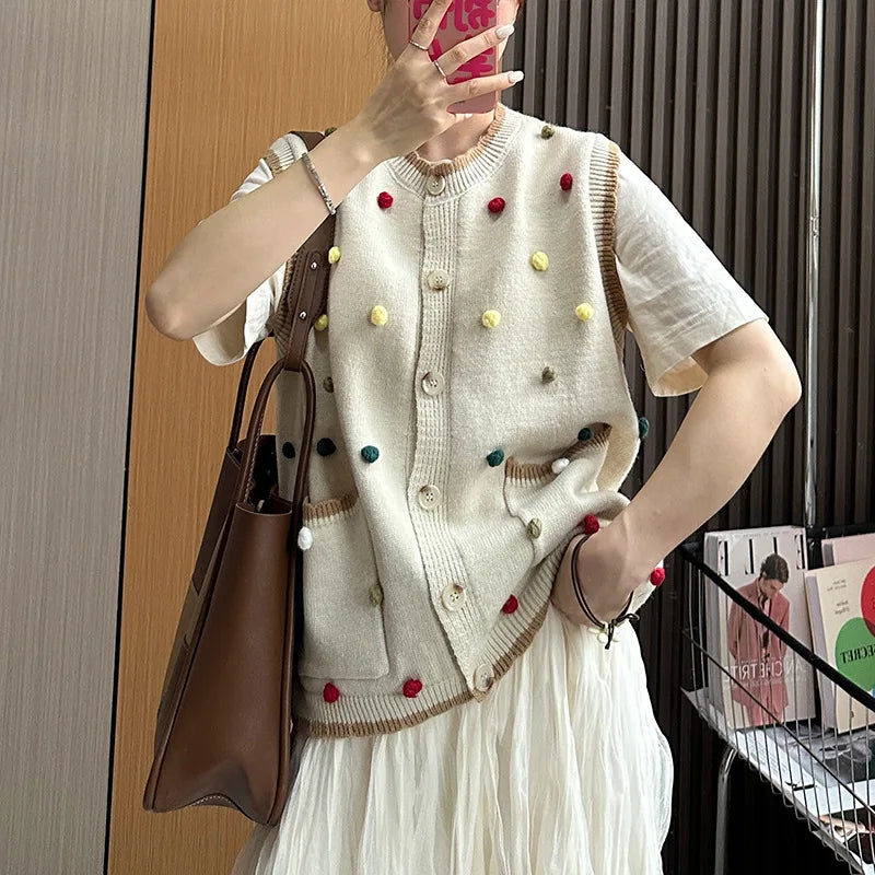 Autumn New Vintage Sweater Vest Women Chaleco Mujer Japanese Loose Cardigan Waistcoat Sweet Wave Point Knitwear Top