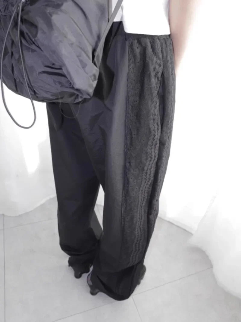 2024 Summer New Loose Y2k EGirl High Waist Straight Trousers Fashion Vintage Lace Patchwork Nylon Wide Leg Pants 2000s Vintage