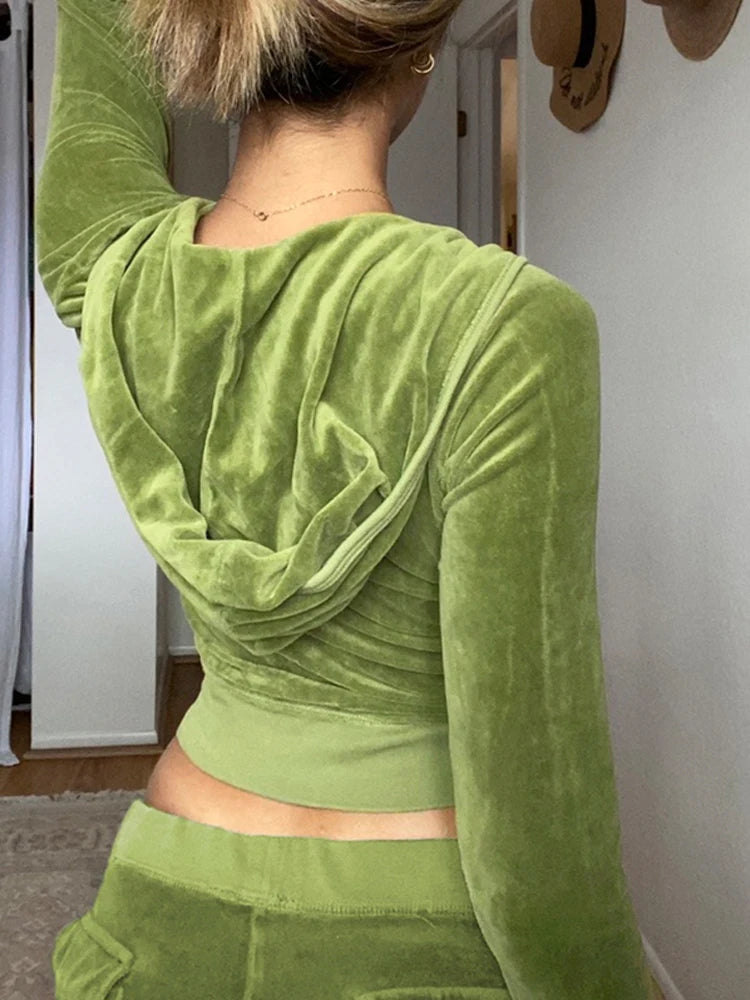 Casual Velvet Crop Top Winter Jacket Women Green Pink Zip Up Hoodies Coats Ladies Fashion Skinny Overcoat Streetwear