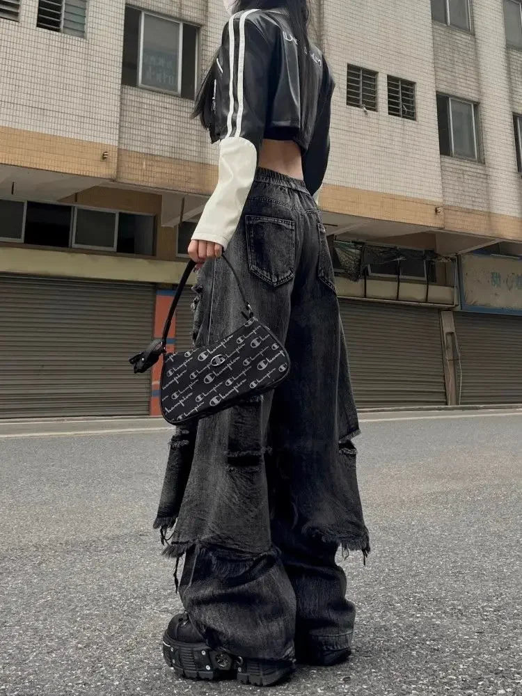 Washed Do Old Ripped Jeans Women Streetwear Hip Hop Retro Oversize Spliced Straight Denim Pants Y2k Causal Mujer Bottoms