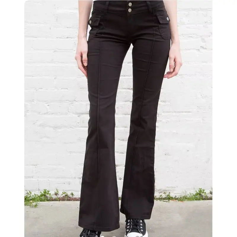 Casual Women Black Flared Pants Summer Fashion Ladies Low Waist Pockets Ornamnet Solid Color Pants Female Chic Bottoms
