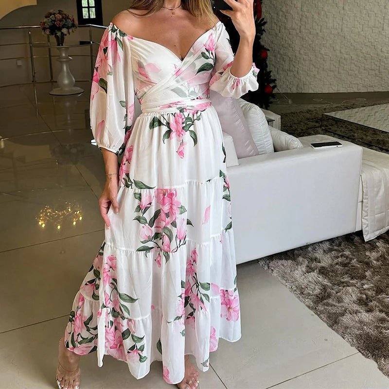 Women Chic Half Sleeve Swing Beach Long Dress 2024 Female Draped Loose Party Dress Elegant Floral Print Off Shoulder Pleat Dress