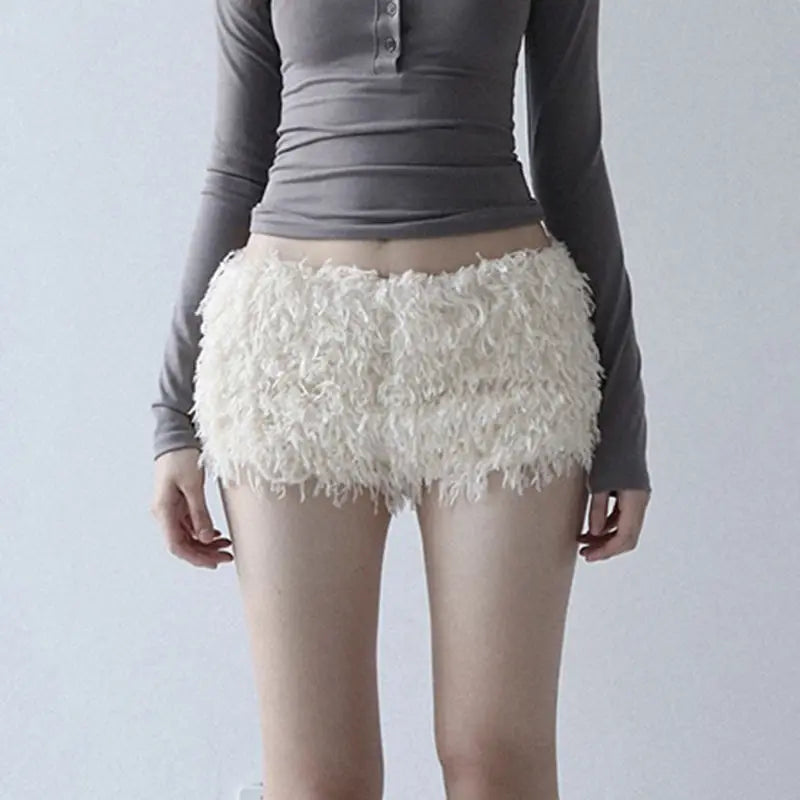 White Sweet Knitted Furry Super Mini Shorts for Women Winter Warm Low Waist Hot Pants Women Sexy Wrap Hip Slimming Leggings