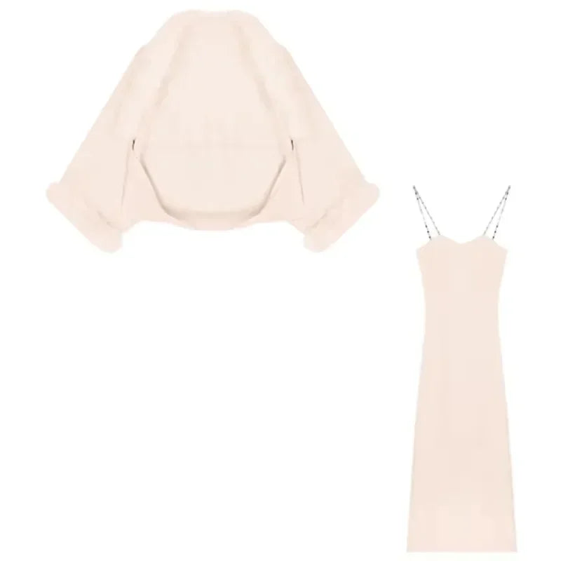 Autumn New High Street Solid Color Casual Threaded Chain Knit Dress Women + Loose Plush Spliced Cardigan Twopiece Suit