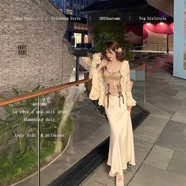 Autumn Retro Heavy Industry Tight Corset Tank Top Hollow Cardigan Wrap Hip Satin Long Skirt Set Sexy Three Piece Set for Women