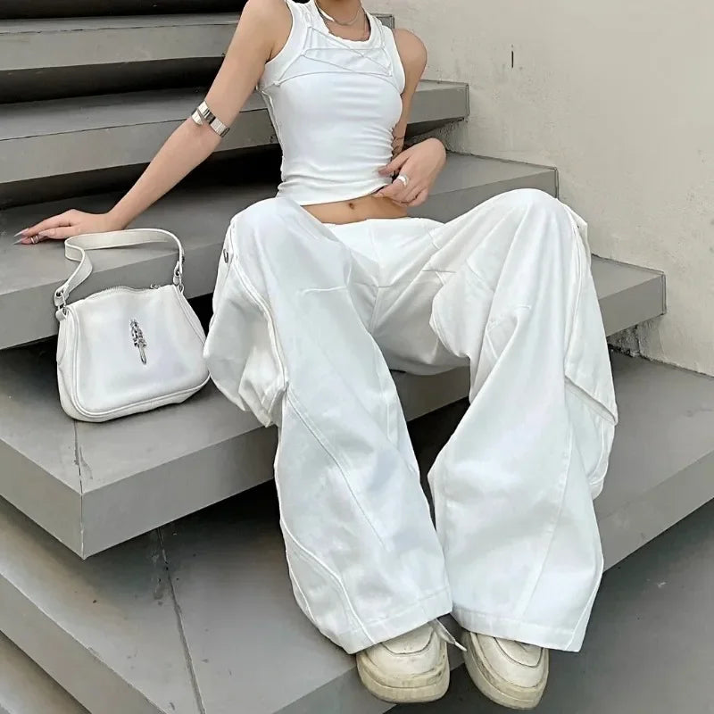 Baggy Vintage Cargo Jeans Woman Korean Fashion Casual Harajuku Wide Leg Denim Pants Basic Ladies Fashion White Trousers